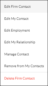 Ein Screenshot des Menüs 'Kontakt bearbeiten'. Die Optionen sind: Firmenkontakt bearbeiten, Meinen Kontakt bearbeiten, Beschäftigung bearbeiten, Meine Beziehung bearbeiten, Kontakt verwalten, Aus meinen Kontakten entfernen und Firmenkontakt löschen (in Rot aufgeführt).