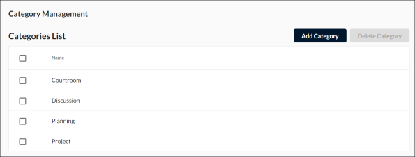 Screenshot della finestra Gestione Categorie. L'intestazione della sezione è Elenco Categorie e contiene cinque (5) opzioni: Nome, Aula, Discussione, Pianificazione e Progetto. Sono presenti un pulsante per Aggiungi Categoria e uno per Elimina Categoria.